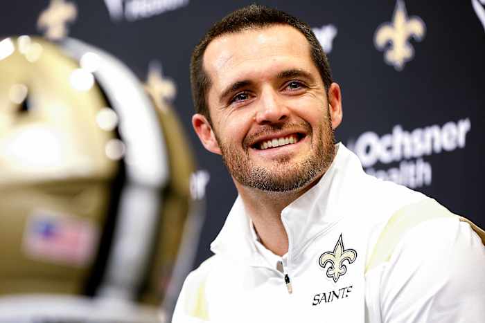 Derek Carr smiling at his Saints intro press conference